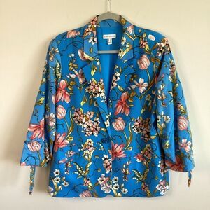 Susan Graver Blue Floral Peach skin Jacket 3/4 sleeve Size 16 NWOT